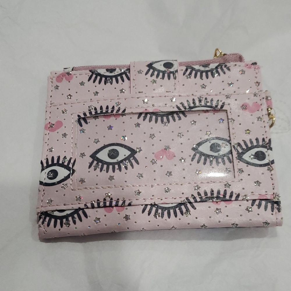 Evil eye style shimmery star studded pink hearts Pink blush card case ID wallet‎